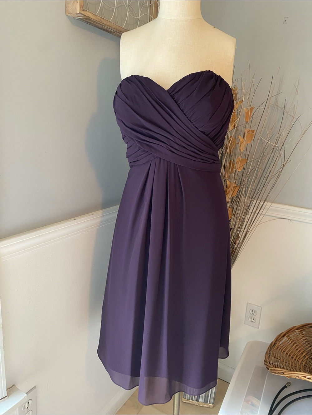 Bill Levkoff Strapless Plum Ruched Chiffon Dress